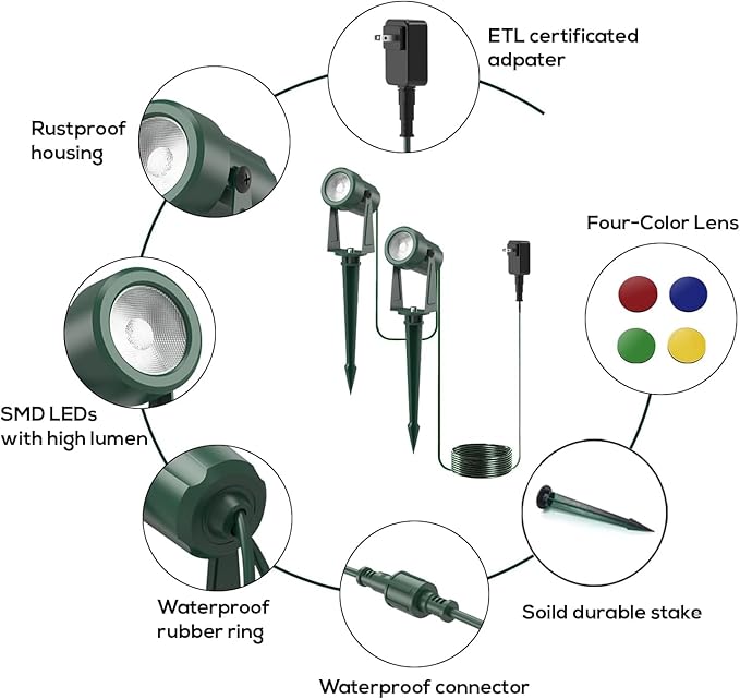 SUNTHIN Outdoor Landscape Lighting, 4 Pack Outdoor Spot Lights with 4 Colorful Lens and Power Supply, Green Shell, IP65 Waterproof & Connectable