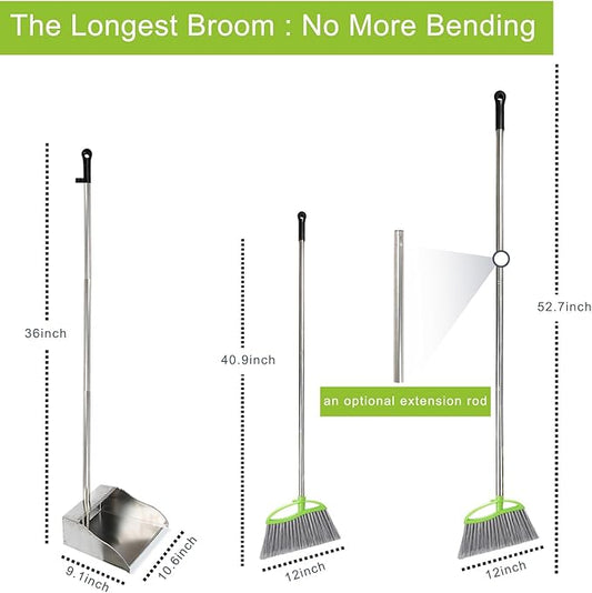 Heavy Duty Broom and Dustpan Set, Metal Stand Up Dustpan with Outdoor Stiff Bristles Broom for Hardwood Patio Floor Sweeping