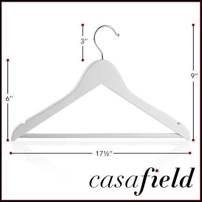 Casafield - 40 White Wooden Suit Hangers - Premium Lotus Wood with Notches & Chrome Swivel Hook for Dress Clothes, Coats, Jackets, Pants, Shirts, Skirts
