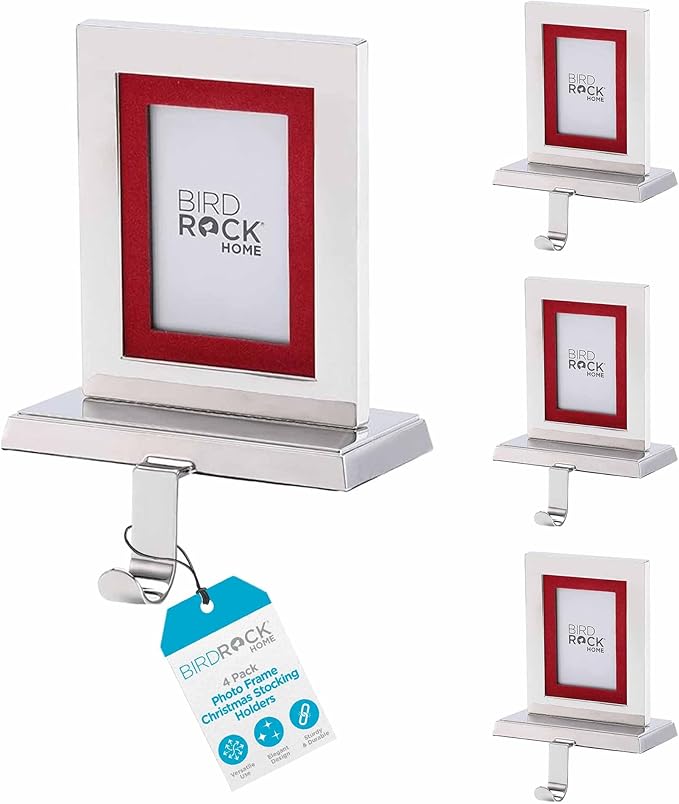 BIRDROCK HOME Photo Frame Stocking Holders - Holiday Greetings Mantle Fireplace Topper - Decorative Christmas Stocking Holder - Stainless Steel (Rectangle - Set of 4)