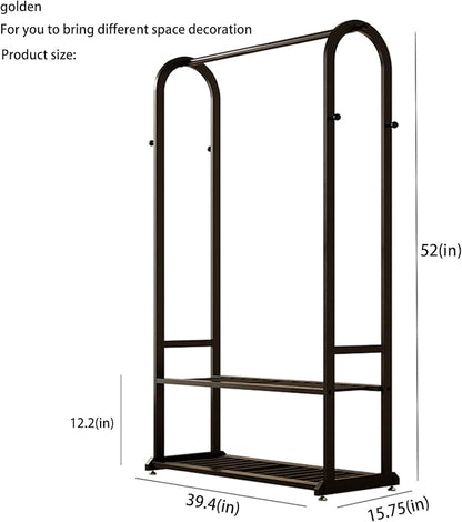 Sturdy heavy duty clothes rack,Black clothing rack with bottom shelves and 6 side hooks,Metal garment rack for hanging clothes,Wardrobe rack for Bedroom