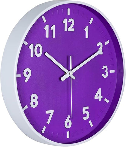 JENLYSTIME 12 Inch Modern Indoor Outdoor Clock,Round Bright Colorful Dial,Non Ticking Silent Quartz Battery Operated Wall Clocks,Easy to Read Simple Style Decor Clock for Bedroom,Kitchen(Purple)