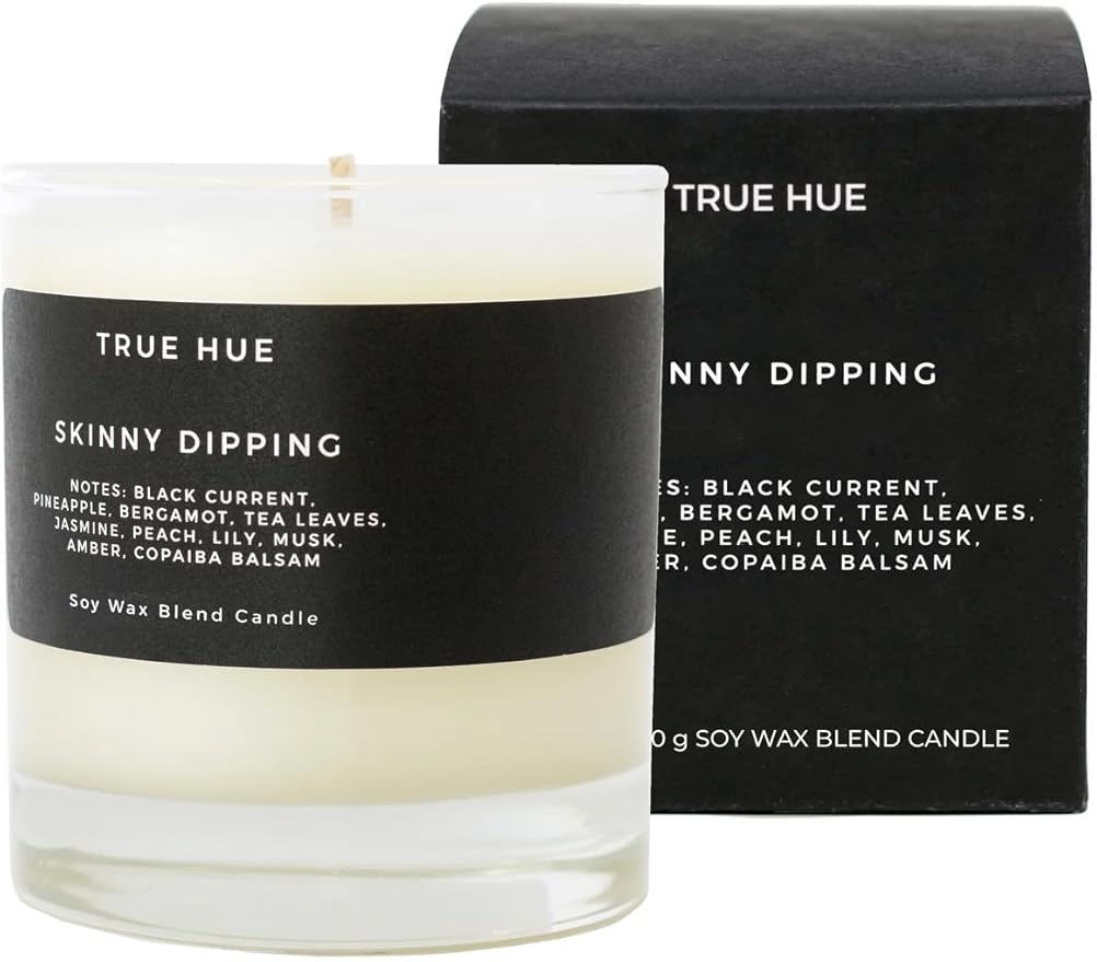 True Hue | Luxury Highly Scented Candle | Premium Soy Wax Blend | 7.75 oz | 40-50 Hour Burn Time | Cotton Wick | Natural Candles | Glass (Skinny Dipping)