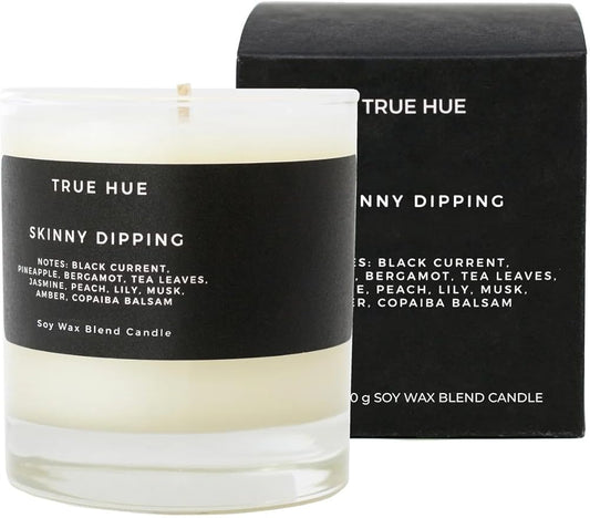 True Hue | Luxury Highly Scented Candle | Premium Soy Wax Blend | 7.75 oz | 40-50 Hour Burn Time | Cotton Wick | Natural Candles | Glass (Skinny Dipping)