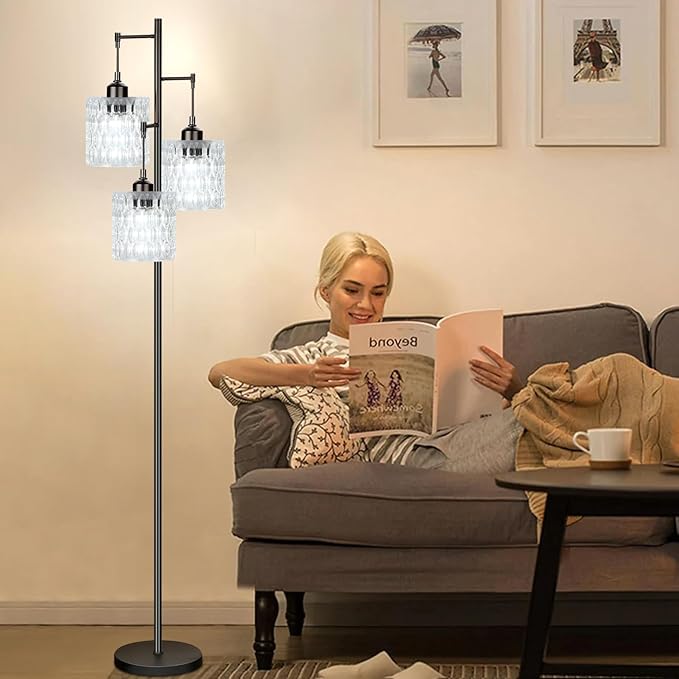 Black Floor Lamp for Living Room Bedroom,Mid Century Modern Floor Lamps with Transparent Glass Shades,3 Lights Vintage Tree Floor Lamps for Corner Office,68IN Tall Standing Lamp Bulbs Included