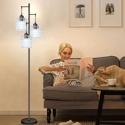 Black Floor Lamp for Living Room Bedroom,Mid Century Modern Floor Lamps with Transparent Glass Shades,3 Lights Vintage Tree Floor Lamps for Corner Office,68IN Tall Standing Lamp Bulbs Included
