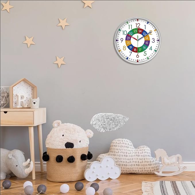 XFM Learning Clock for Kids Silent Non Ticking Battery Operated Colorful Teaching Time Clock 12 Inch Decorative Small Analog Clock for Kids Room Classroom School Playroom