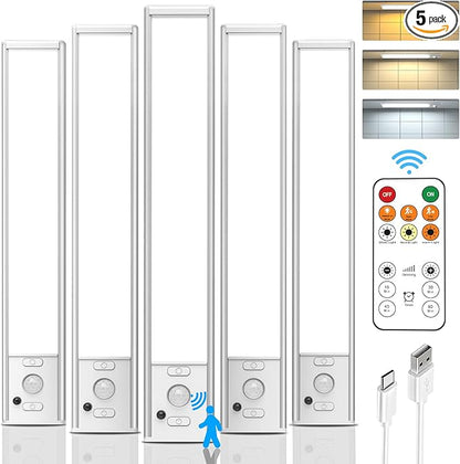 Under Cabinet Lighting Wireless, Rechargeable 180 Lumen Motion Sensor Indoor Light, 3 Color Dimmable Closet Lights with Remote Control, Under Counter Light for Kitchen, Stairs, Wardrobe, 5 Pack