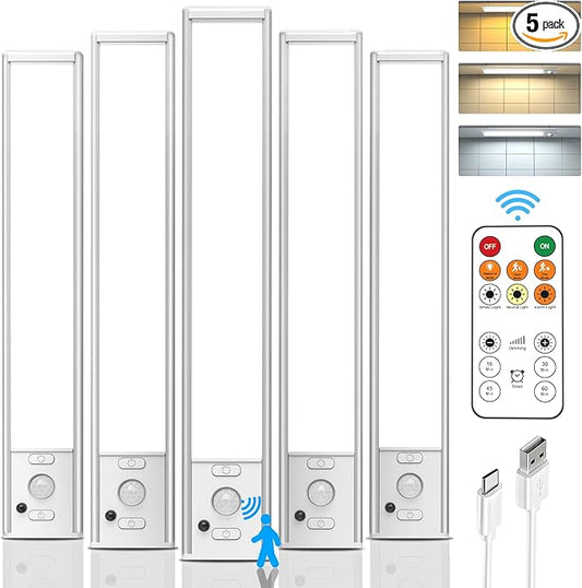 Under Cabinet Lighting Wireless, Rechargeable 180 Lumen Motion Sensor Indoor Light, 3 Color Dimmable Closet Lights with Remote Control, Under Counter Light for Kitchen, Stairs, Wardrobe, 5 Pack