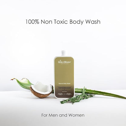 GirlyMan Natural Body Wash - Made with Olive Oil & Aloe Extract, No Artificial Fragrance, PH Balanced, Gentle Formula, Nourishing Ingredients, Family Owned (Sandalwood)