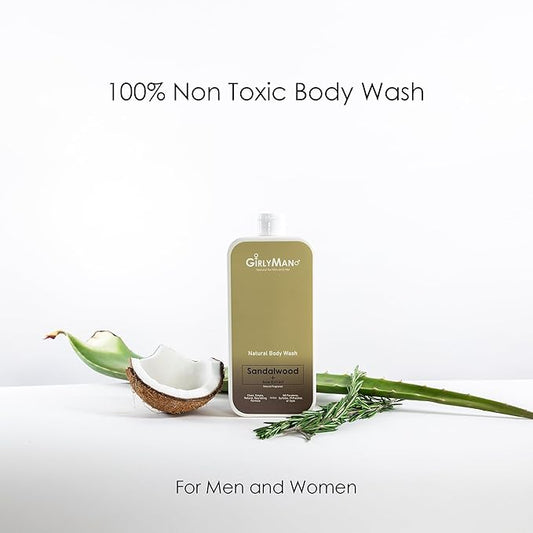 GirlyMan Natural Body Wash - Made with Olive Oil & Aloe Extract, No Artificial Fragrance, PH Balanced, Gentle Formula, Nourishing Ingredients, Family Owned (Sandalwood)