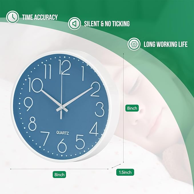Wall Clock Non-Ticking Silent Modern Simple Style Round Decor Clock Stereoscopic Dial Quartz Wall Clocks for Home/Office/School/Living Room/Bedroom/Kitchen (Cerulean, 8inch)