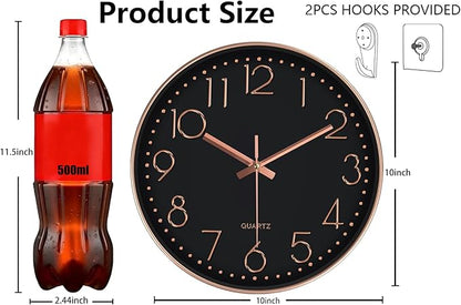 Wall Clock, Silent Wall Clocks Battery Operated 10 Inch- Modern Non Ticking Analog Clock with Large Numerals Tempered Glass Clocks for Bedroom, Living Room, Kitchen, Office Decor, Black