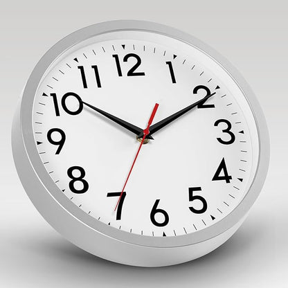 12 Inch Wall Clock Battery Operated Silent Non Ticking Analog Modern Decorative for Office Kitchen Outdoor Living Room Classroom Bedroom Bathroom School(Silver)