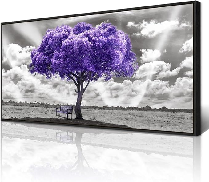 Wapluam Black Framed Canvas Wall Art For Living Room Large Wall Decor For Bedroom Wall Decoration Office Purple Tree Pictures Artwork Abstract Black and White Wall Painting Ready to Hang 20" x 40"