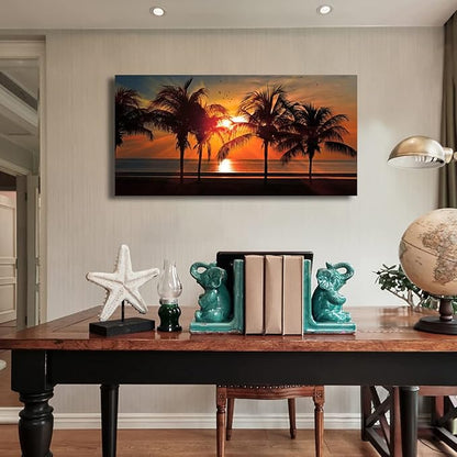 Beach Canvas Wall Art Seascape Theme Pictures Home Decor Blue Ocean Coconut Tree Sunset Prints Paintings for Living Room Bathroom Bedroom Kitchen Office Decoration Natural Scenery Artwork 24x48inches