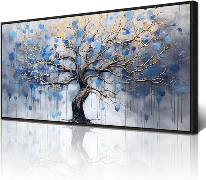 Wapluam Black Framed Canvas Wall Art For Living Room Wall Decor For Bedroom Abstract Office Blue Tree Scenery Wall Pictures Modern Home Decorations Stretched And Framed Ready To Hang Room Artwork