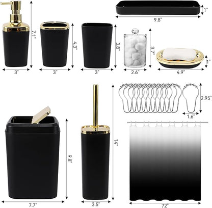 Bathroom Set - 22PC Black Bathroom Accessories Sets Complete with Black Ombre Shower Curtain,Trash Can,Toothbrush Holder,Toothbrush Cup,Soap Dispenser,Soap Dish,Toilet Brush,Tray,Qtip Holders