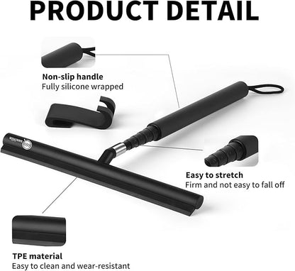 Shower Squeegee with Hook, Stainless Steel Core Glass Wiper, Silicone Rubber Household Squeegees for Shower Glass Doors, Telescoping Handled 12 in Squeegee,Black