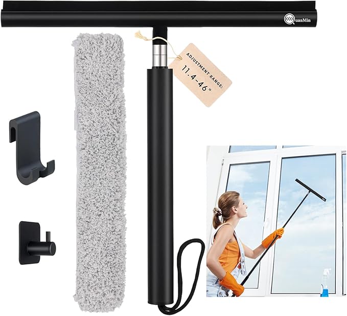 Shower Squeegee with Hook, Stainless Steel Core Glass Wiper, Silicone Rubber Household Squeegees for Shower Glass Doors, Telescoping Handled 12 in Squeegee,Black