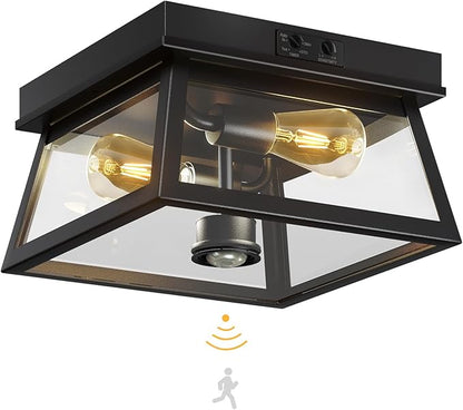 Motion Sensor Outdoor Ceiling Light, Flush Mount Black Porch Ceiling Lights Adjustable 2-Light Fixture with E26 Sockets, Closed Bottom, Glass and Metal for Garage, Patio, Hallway, Farmhouse