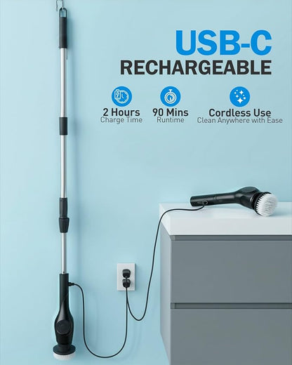 Electric Spin Scrubber, 3-Speed Cordless Shower Scrubber with 90° Adjustable & 10 Replaceable Brush Heads, 90 Mins Runtime & Full-Body IPX7 Waterproof Shower Cleaner Brush with Long Handle