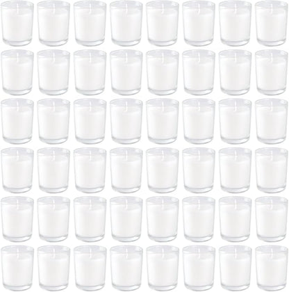 48 Pack White Unscented Clear Glass Filled Votive Candles. Hand Poured Wax Candle Ideal Gifts for Home Décor Parties Weddings Holidays and Meditation (White)