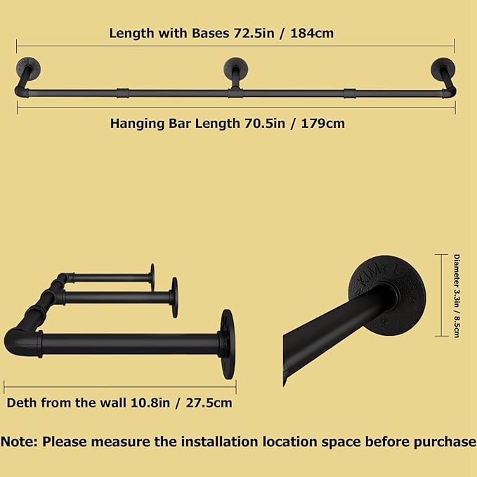 Wall Mounted Clothes Rack 72.5in, Industrial Pipe Clothing Racks Wall Mount, Heavy Duty Detachable Iron Garment Bar, Saving Space, Multi-Purpose Hanging Rod for Bedroom, Laundry Room, 1 Pack