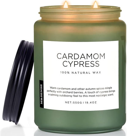 M&SENSE Cardamom Cypress Fir Large Soy Candles for Home Scented 2 Wick Large Soy Natural Candles 19.4oz 110 Hours Long Lasting Slow Burning Woody Scented Winter Holiday Birthday Gifts