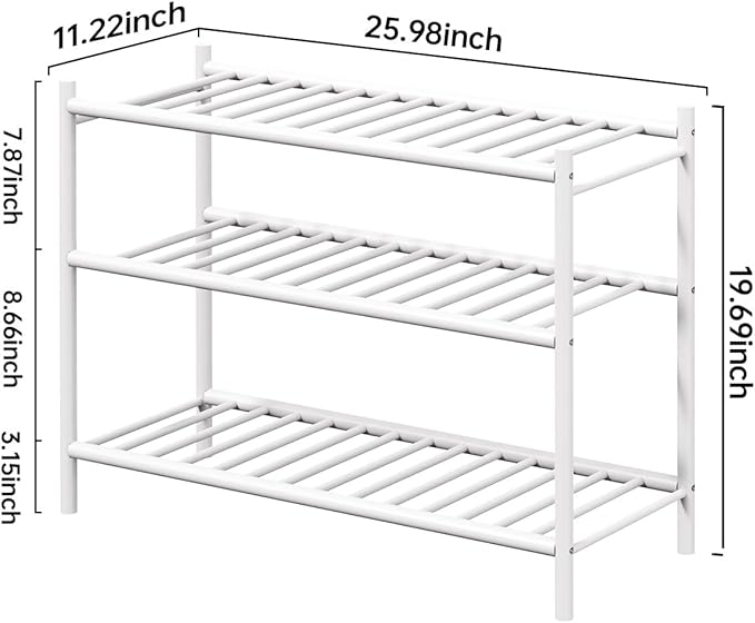 Bamboo Shoe Rack for Closet Small Wooden Shoe Organizer with Pouch, Sturdy Wood Shoe Shelf for Front Door Entrance Entryway and Outdoor, 26 inch Wide (White, 3-Tier)