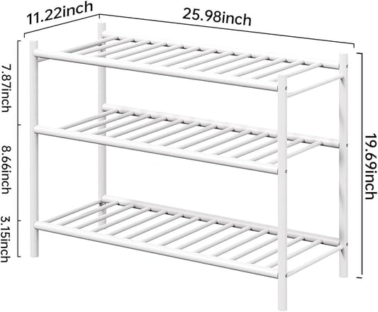 Bamboo Shoe Rack for Closet Small Wooden Shoe Organizer with Pouch, Sturdy Wood Shoe Shelf for Front Door Entrance Entryway and Outdoor, 26 inch Wide (White, 3-Tier)