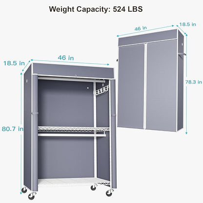 White Clothing Rack with Grey Cover, P1C Plus Rolling Closets with Wheels, Metal Garment Rack for Hanging Clothes, Clothing Storage Wardrobe, 46" W x 18.5" D x 80.7" H, Load 524 Pounds