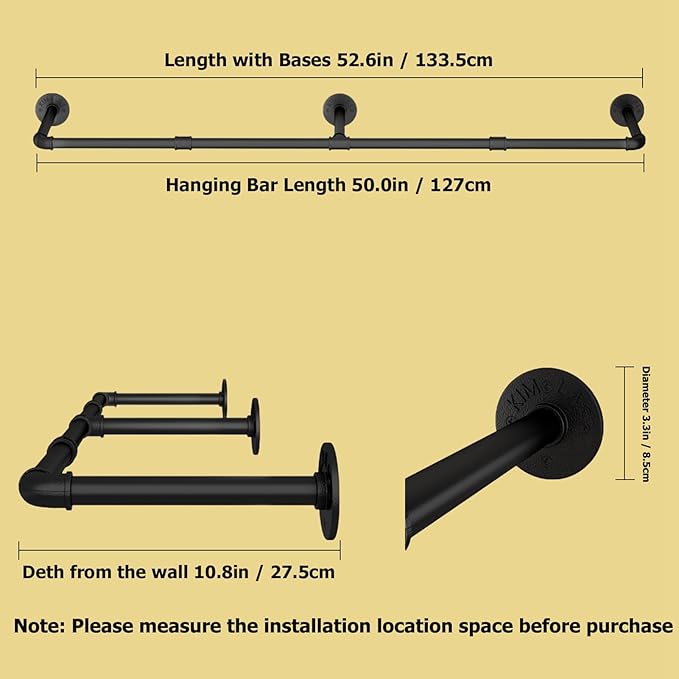 Wall Mounted Clothes Rack 52.6in, Industrial Pipe Clothing Racks Wall Mount, Heavy Duty Detachable Iron Garment Bar, Saving Space, Multi-Purpose Hanging Rod for Bedroom, Laundry Room, 1 Pack