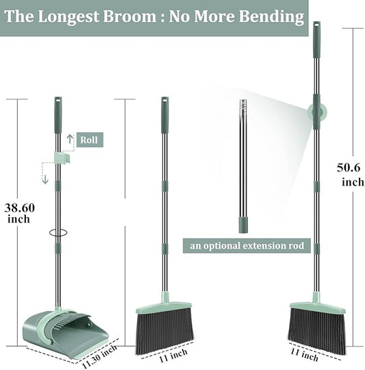 Broom and Dustpan Set for Home, Dust pan with Long Handle, Broom with Dustpan Combo Set, for Home Kitchen Room Office Lobby Floor Use Upright Stand Up Sweeping (Gray&Green)
