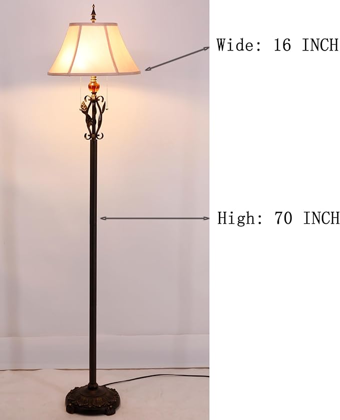 Farmhouse Mid-Century White Fabric Floor Lamp with Metal Leaf Resin Base 70 Inch Height Decor for Office Bedroom Living Room
