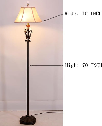 Farmhouse Mid-Century White Fabric Floor Lamp with Metal Leaf Resin Base 70 Inch Height Decor for Office Bedroom Living Room