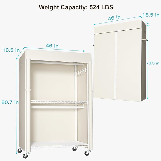 White Clothing Rack with Beige Cover, P1C Plus Rolling Closet with Wheels, Metal Garment Rack for Hanging Clothes, Clothing Storage Wardrobe, 46" W x 18.5" D x 80.7" H, Load 524 Pounds