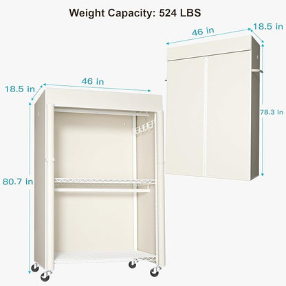 White Clothing Rack with Beige Cover, P1C Plus Rolling Closet with Wheels, Metal Garment Rack for Hanging Clothes, Clothing Storage Wardrobe, 46" W x 18.5" D x 80.7" H, Load 524 Pounds
