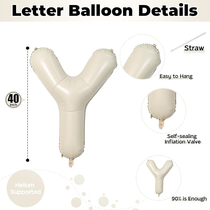 Cream Y Letter Balloons, 40 Inch Alphabet Foil Name Beige Balloon, Large Self Inflating Balloon Letters Y, White Sand Mylar Helium Custom Letter Balloon for Girls Birthday Party Baby Shower Decoration
