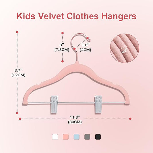 Baby Hangers with Clips, 14 Packs Kids Velvet Clothes Hangers, Heavy-Duty Childrens Pant Hangers for Shirts, Pants, Skirts, Dresses, Jackets, Coatt Pink - Rose Gold Hook