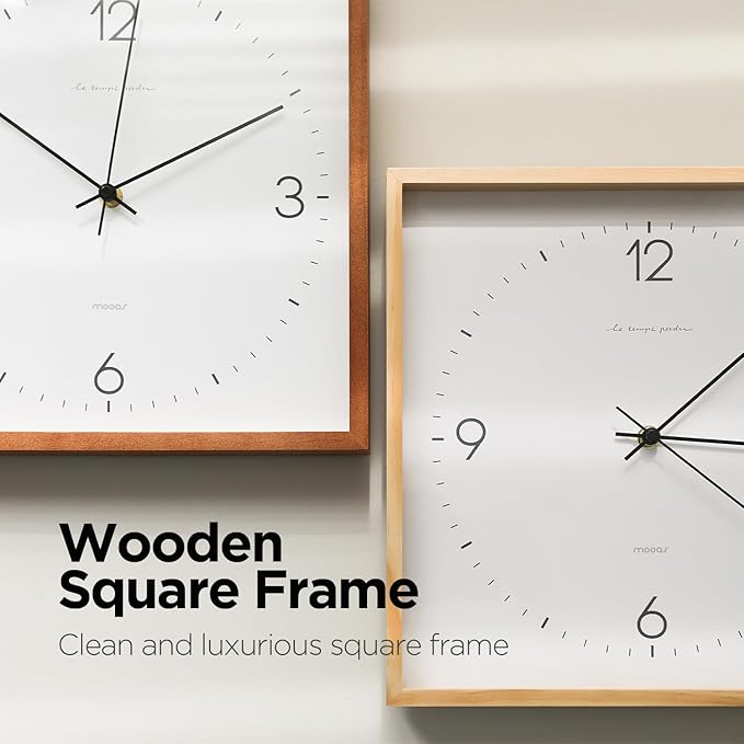 mooas Wooden Frame Flatwood Wall Clock,12" Non-Ticking Sweep Movement Decorative Wood Battery Operated Wall Clock for Home Living Room Kitchen Bedroom Office School Cafe (Light Brown)