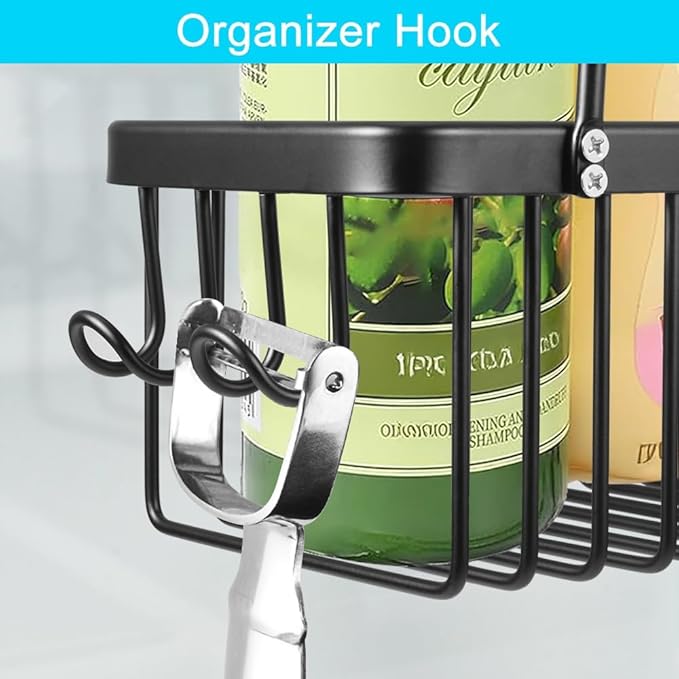 Shower Hanging Caddy, No Drill Shower Shelf, Heavy Duty Aluminum Organizer Basket, Bathroom Storage for Shampoo, Soap & Toiletries, Black