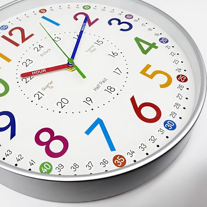 Learning Wall Clock for Kids Bedrooms, 12in Classroom Analog Clock for Kids Learning to Tell Time