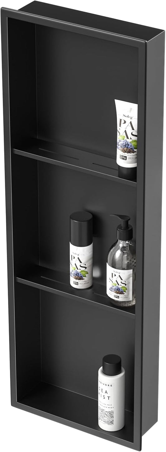 Stainless Steel Shower Niche 36" X 12" Matte Black No Tile Needed Wall Vertical Niche Three-Tier Shelves Recessed Shower Shelf for Bathroom Storage Over Mount Installation