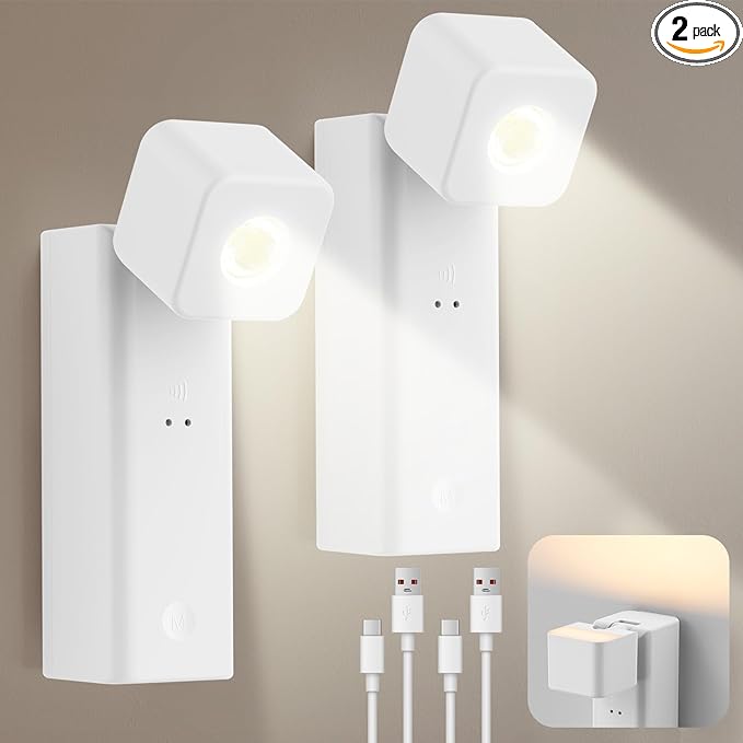 Rechargeable LED Night Light, Eye-Caring Motion Sensor 4000mAh Wall Lights, Dimmble Reading Lamps with Adjustable Angle, Battery Operated Night Light with Touch Control for Bedroom Nursery, 2-Pack