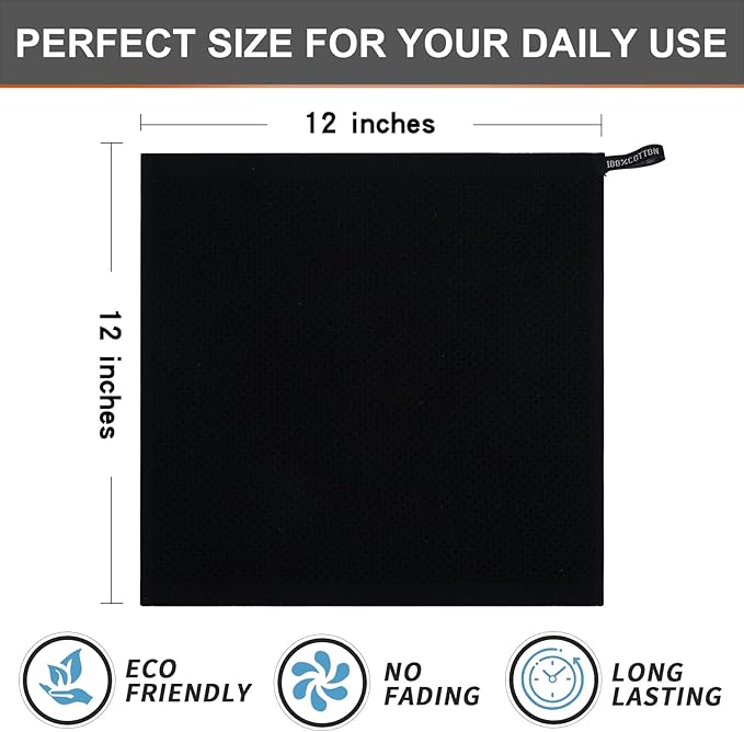 Kitinjoy 100% Cotton Kitchen Dish Cloths, 8 Pack Waffle Weave Ultra Soft Absorbent Dish Towels for Drying Dishes Quick Drying Kitchen Towels Dish Rags, 12 X 12Inch, Black