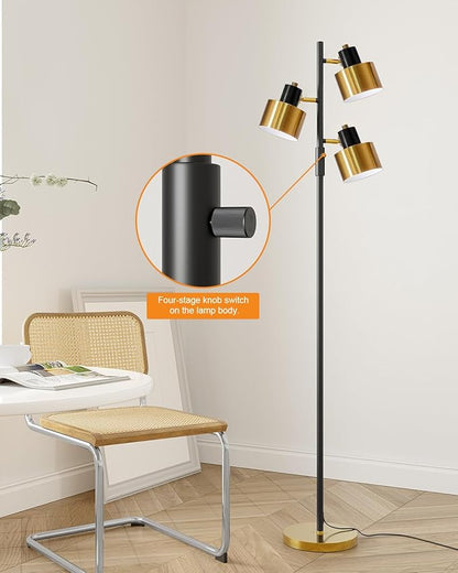 OYEARS Floor Lamp for Living Room Bright Lighting Tall Modern Industrial Vintage Standing Corner Lamps LED Metal Light Office Bedroom Study Gold Black Cream Matte Accent (3-Light, Black)