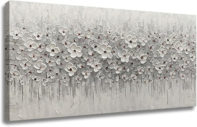 Large Canvas Wall Art for Living Room White Flowers Picture Hand-Painted Oil Painting Framed Artwork Modern Gallery Plant Decor Wall Decorations for Bedroom Bathroom Size 60x30 inch Ready to Hang