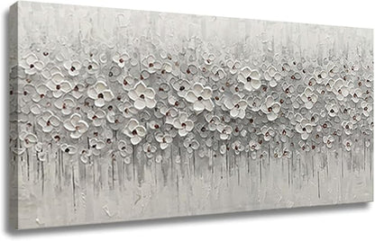 Large Canvas Wall Art for Living Room White Flowers Picture Hand-Painted Oil Painting Framed Artwork Modern Gallery Plant Decor Wall Decorations for Bedroom Bathroom Size 60x30 inch Ready to Hang