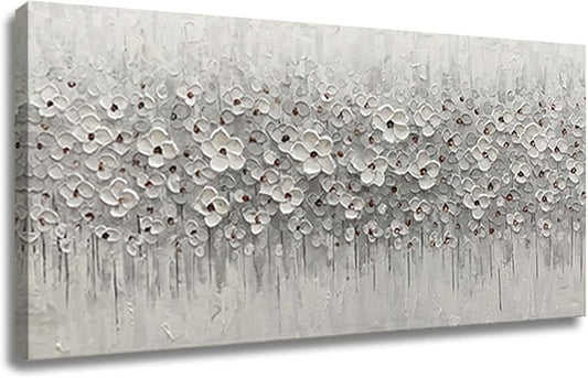 Large Canvas Wall Art for Living Room White Flowers Picture Hand-Painted Oil Painting Framed Artwork Modern Gallery Plant Decor Wall Decorations for Bedroom Bathroom Size 60x30 inch Ready to Hang